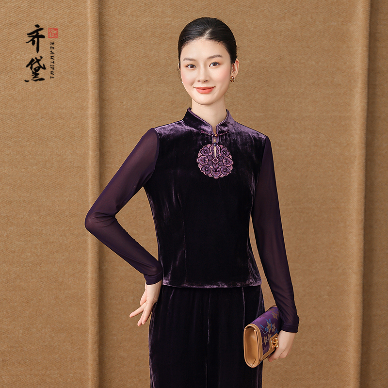 齐黛紫色欧货丝绒真丝上衣女2025秋冬新款长袖复古盘扣桑蚕丝衬衫