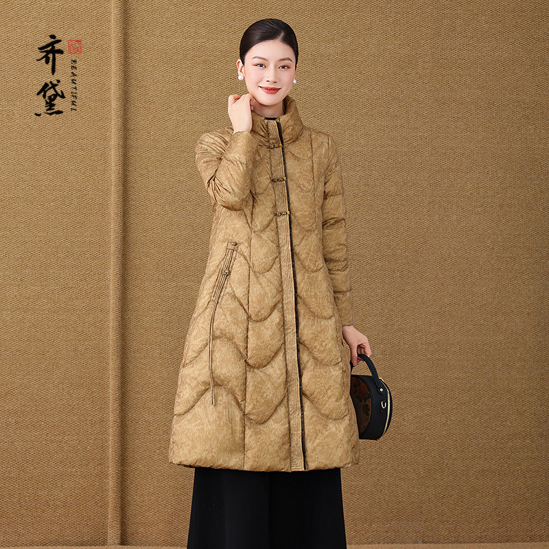 新中式中长款鹅绒服高充绒量羽绒女冬季加厚2025新款妈妈保暖外套