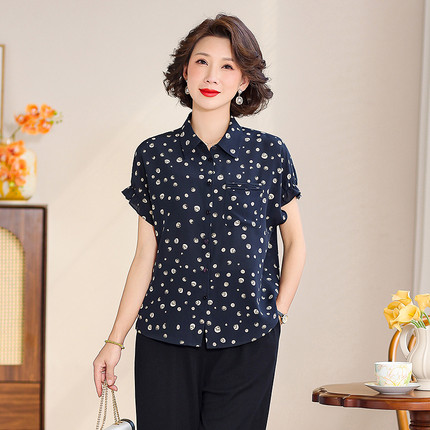 齐黛重磅真丝上衣女高端大牌2025新款印花翻领衬衣妈妈桑蚕丝衬衫