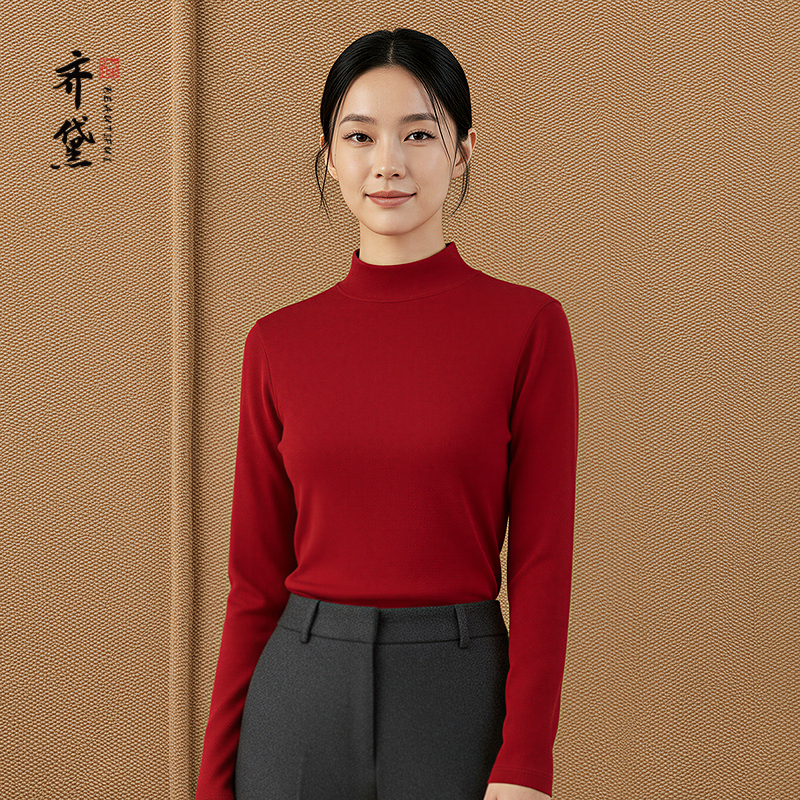 灵芝山羊绒细腻亲肤加绒打底衫2025秋冬新款中年妈妈红色保暖上衣