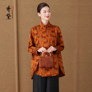 齐黛真正的香云纱上衣女2025秋新款长袖宽松复古优雅妈妈真丝衬衫