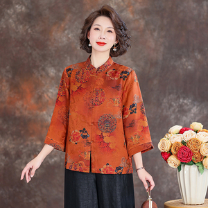齐黛品牌国风香云纱上衣女2025春夏新款七分袖洋气妈妈装真丝衬衫