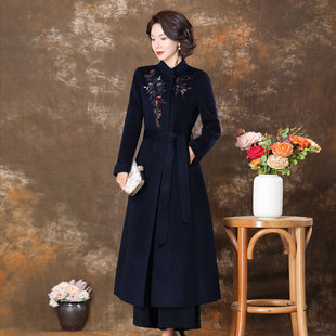 毛呢外套中長款 雙面羊絨大衣女2024新款 中式 刺繡花純羊毛媽媽冬季