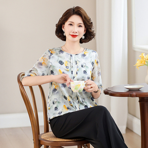 齐黛杭州名牌真丝上衣女2025夏季新款中袖时尚洋气妈妈桑蚕丝衬衫