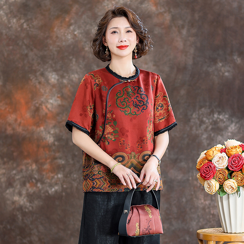 高端香云纱上衣真丝桑蚕丝花罗中式中老年老太太奶奶红色唐装妈妈