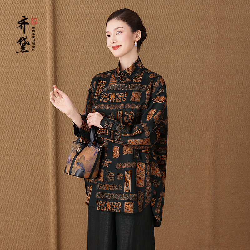 齐黛真正的香云纱上衣女2025秋季新款长袖花罗新中式宽松真丝衬衫