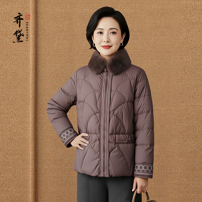 新中式妈妈羽绒服官方旗舰店正品女品牌短款2025冬季新款毛领外套