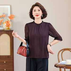 齐黛品牌香云纱上衣女2025春夏新款五分袖立领纯色打底衫真丝衬衫