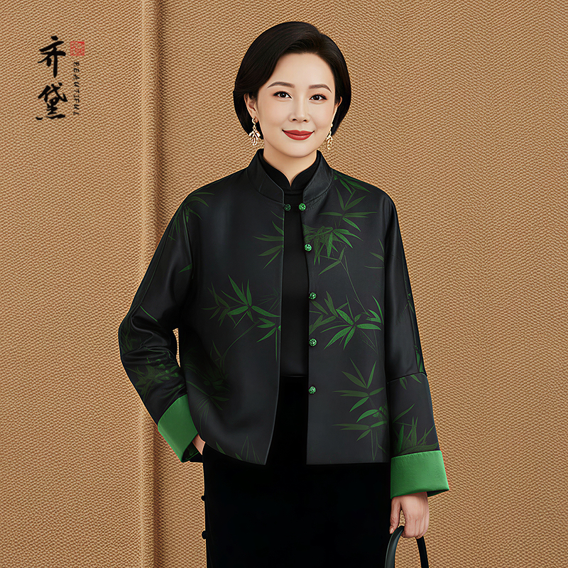 新中式香云纱外套女2025冬季新款长袖复古洋气妈妈唐装真丝上衣