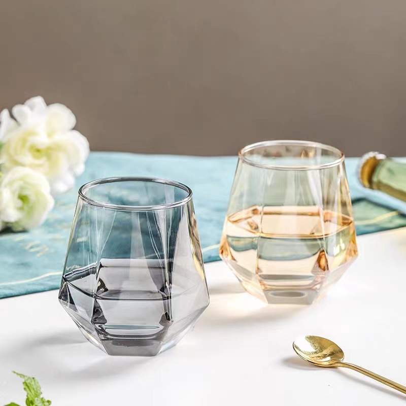 炫彩六角玻璃杯欧式威士忌洋酒杯家用六棱透明果汁杯喝水杯子批发