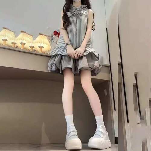 女童韩系无袖条纹立领衬衫儿童夏季新款蝴蝶结衬衣花苞裙上衣套装