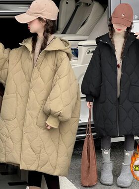 女童加绒棉衣秋冬季新款中大童过膝长款连帽加厚棉服女孩韩版冬装