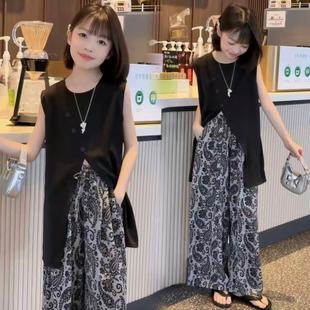 女童慵懒风2025新款 百搭假日无袖 背心高腰设计感提花阔腿裤 套装