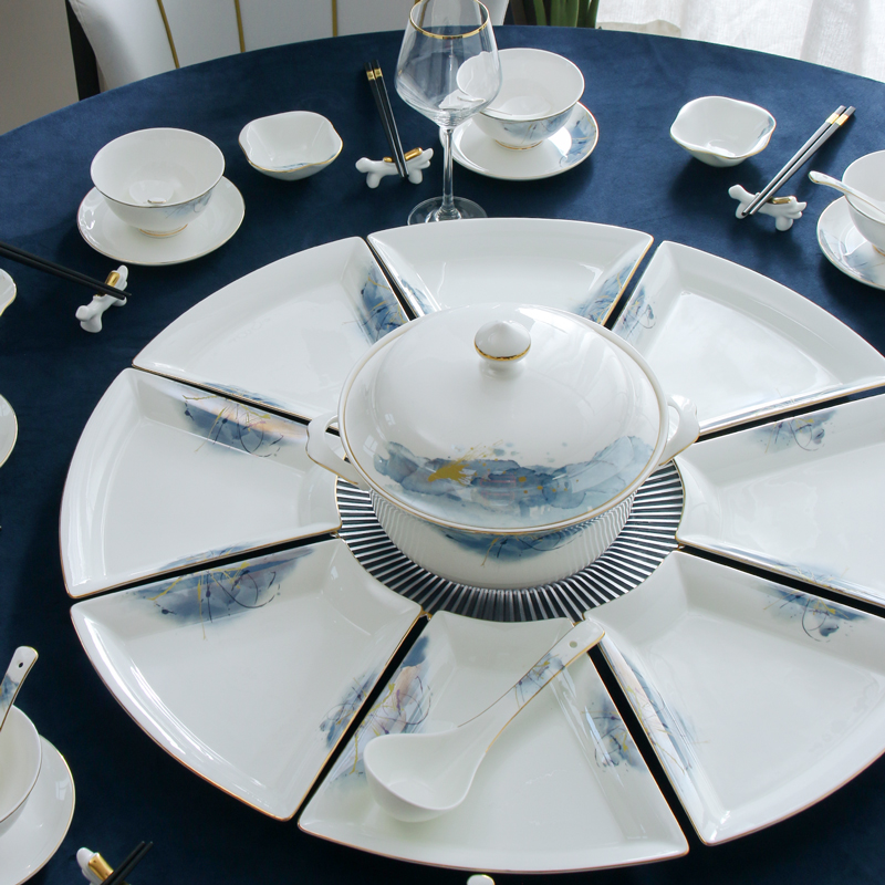 家用圆桌餐具套装8人扇形拼盘组合餐具套装团圆拼盘乔迁送礼碗盘