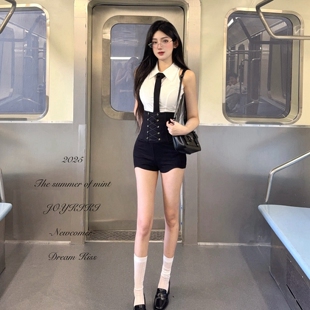 JOYKIKI金金酷酷哒高智韩女夏季褶皱学院风御姐无袖百搭衬衫
