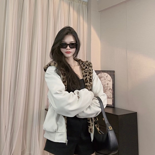 Achock官方店秋冬可爱兔耳保暖卫衣豹纹内里拉链连帽加绒外套