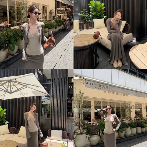 5werkwen cozy斜修叠叠套组 温柔好比例短开衫吊带直筒半裙三件套