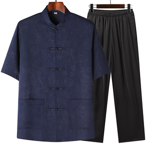 T212P75Z中老年唐装风盘扣汉服夏季短袖居士服太极服爸爸装图片