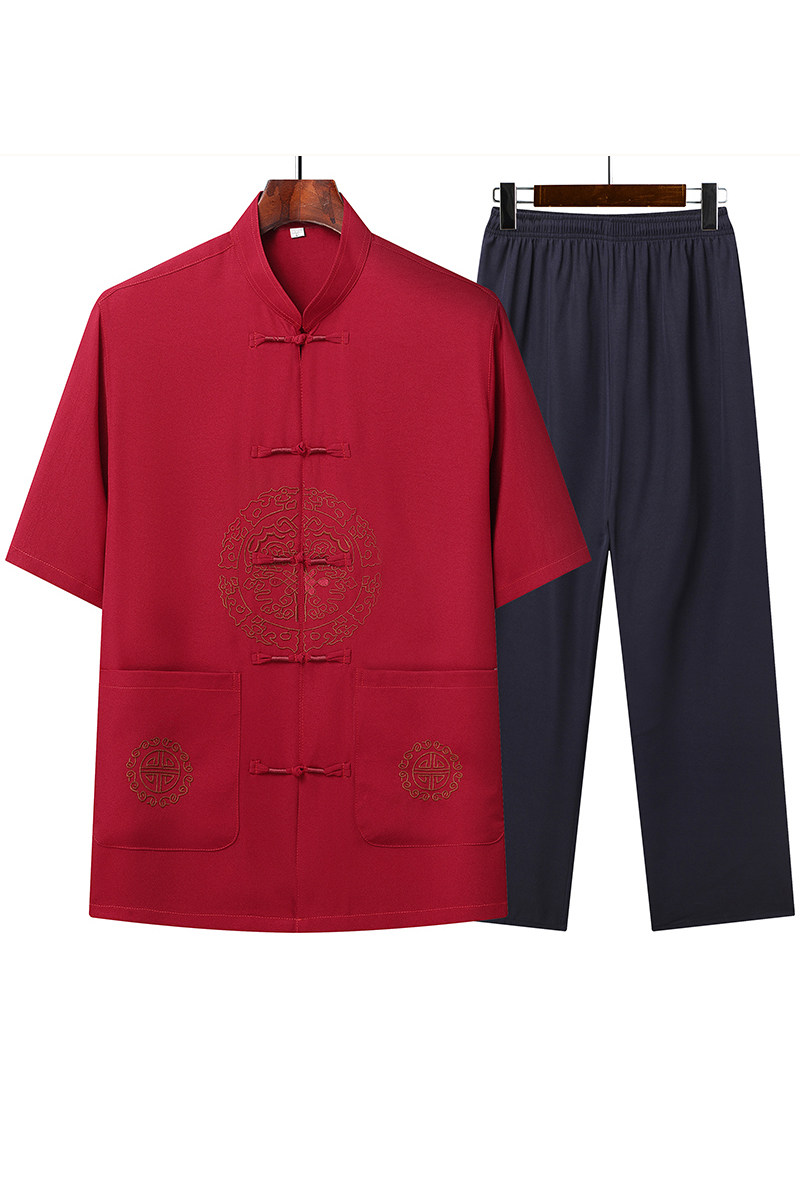 T206P42中老年夏季短袖唐装套装爸爸装太极服风盘扣汉服爷爷,男装民族服装,星座1108-2