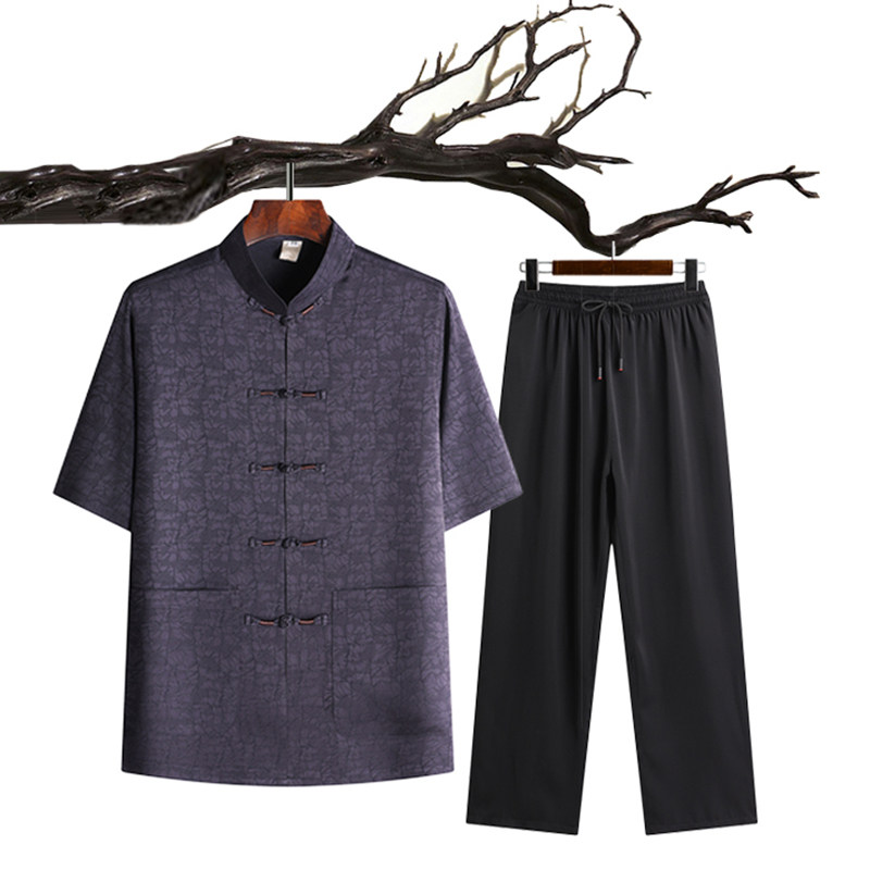夏季短袖居士服太极服爸爸装中老年唐装男风盘扣汉服T213P65,男装民族服装,星座1108-2