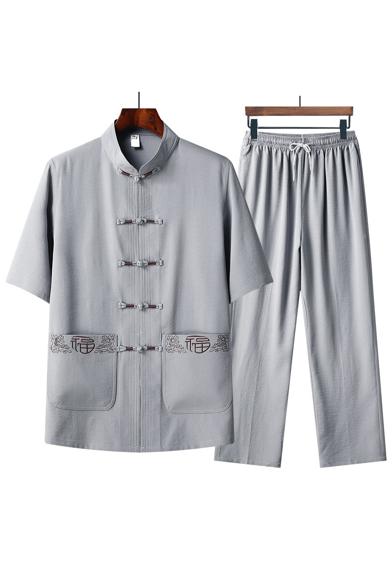 T215P45太极服风盘扣汉服中老年夏季短袖唐装禅意套装爸爸装,男装民族服装,星座1108-2