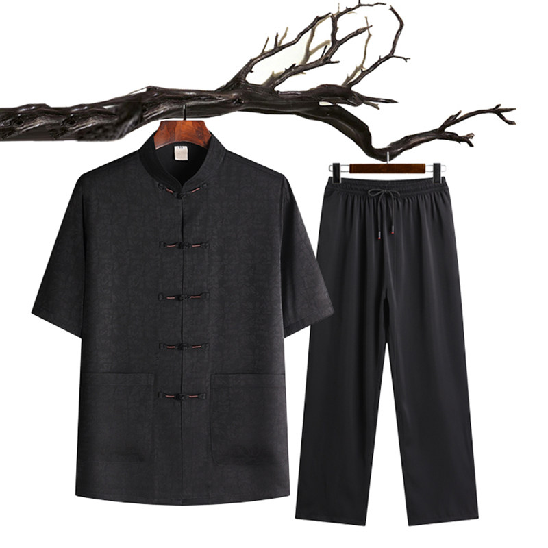 夏季短袖居士服太极服爸爸装中老年唐装男风盘扣汉服T213P65图片