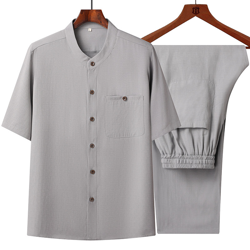 T207P85爸爸装太极服风盘扣汉服中老年夏季短袖唐装爷爷套装,男装民族服装,星座1108-2