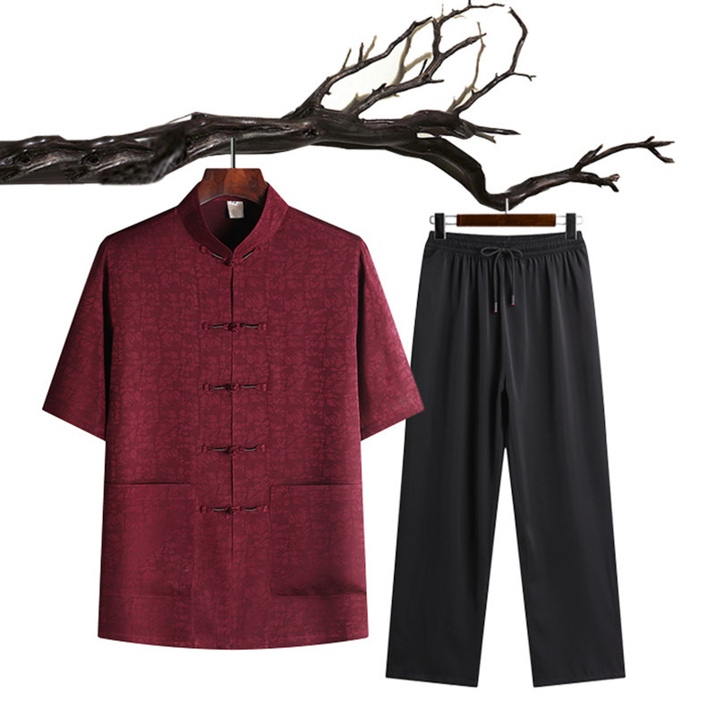夏季短袖居士服太极服爸爸装中老年唐装男风盘扣汉服T213P65,男装民族服装,星座1108-2