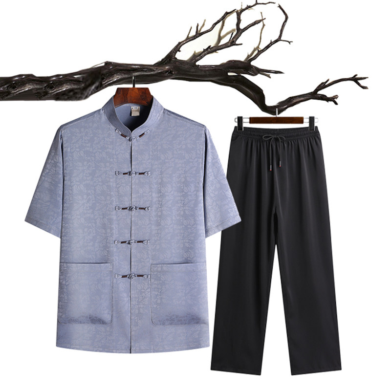 夏季短袖居士服太极服爸爸装中老年唐装男风盘扣汉服T213P65,男装民族服装,星座1108-2