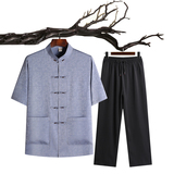 夏季短袖居士服太极服爸爸装中老年唐装男风盘扣汉服T213P65，男装民族服装，星座1108-2