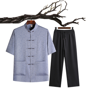 夏季短袖居士服太极服爸爸装中老年唐装男风盘扣汉服T213P65图片