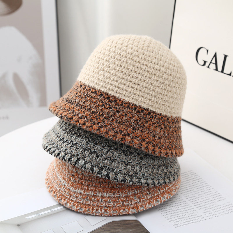 日系撞色针织渔夫帽子女春秋冬季时尚毛线帽韩版显脸小水桶帽盆帽