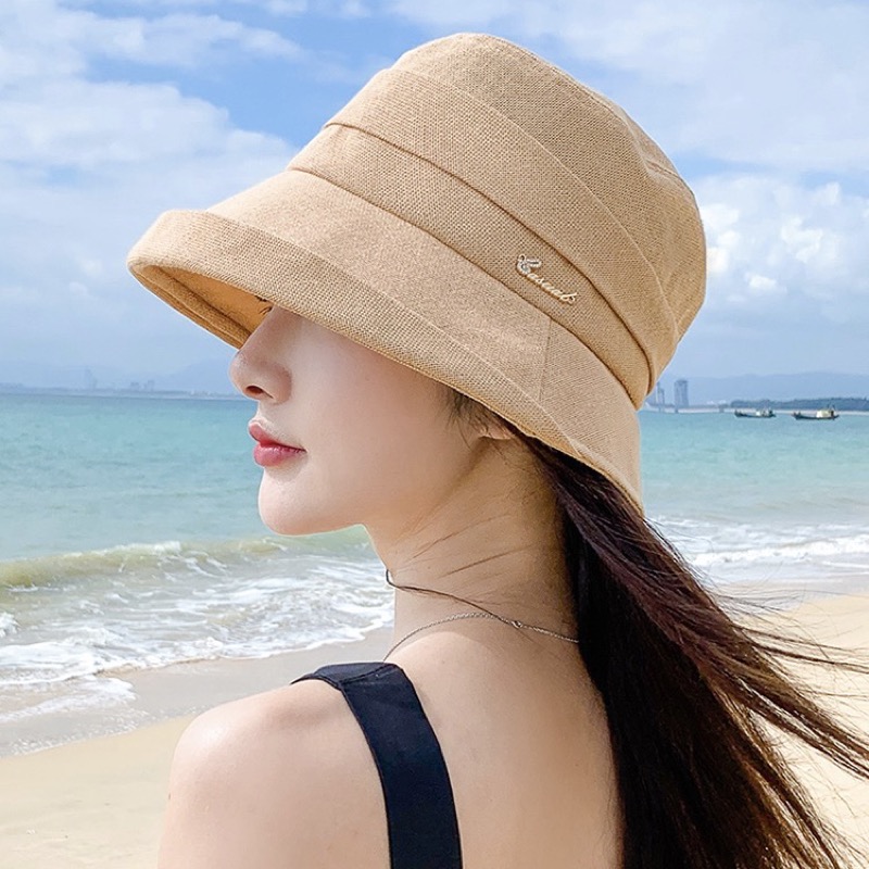 韩版ins镶钻字母棉麻渔夫帽子女春夏季时尚百搭遮阳休闲卷边盆帽
