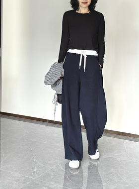 早春四面弹舒适针织弯刀裤松紧高腰抽绳深蓝灰色休闲运动裤