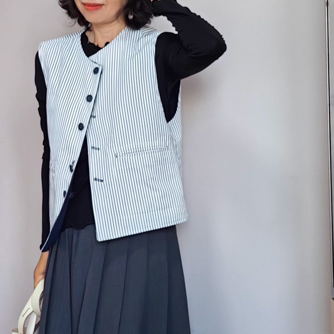 绿袖子中古条纹牛仔双面马甲背心女2025秋季新款叠穿大码无袖上衣