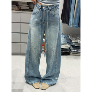 欧货2026早春新重工烫钻满天星浅蓝色牛仔系带弯刀裤女宽松阔腿裤