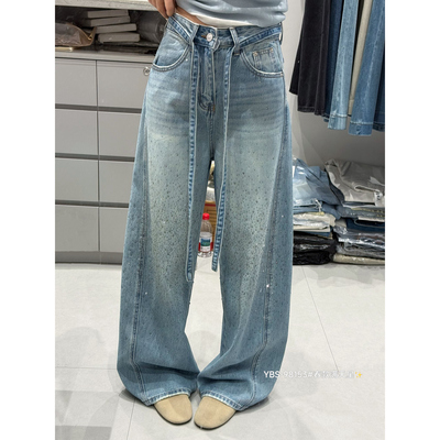 欧货2026早春新重工烫钻满天星浅蓝色牛仔系带弯刀裤女宽松阔腿裤
