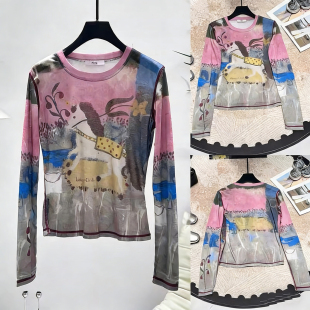 美式 薄款 复古印花上衣2026春季 女打底衫 网纱T恤 新款 深圳柒欧洲站