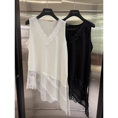 2026早春新款蕾丝拼接V领不规则长背心女叠穿无袖上衣