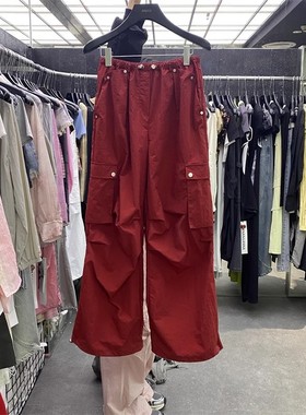 韩国anan美式红色工装裤女秋冬小众休闲运动阔腿裤低腰速干裤子