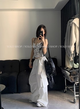 YOLOSHOP 松弛感低腰工装裤抽绳白色伞兵裤夏季宽松百搭休闲裤女