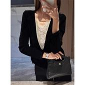 时尚 欧洲站财阀千金流苏领纯欲丝绒T恤2026春季 新款 聚会战袍上衣