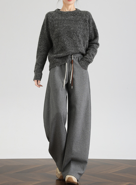 FAESSLIM加绒运动裤女冬季灰色休闲弯刀裤镰刀卫裤宽松加厚阔腿裤