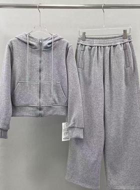 欧洲站24秋冬新款休闲时尚欧货灰色运动卫衣卫裤子两件套装女爆款
