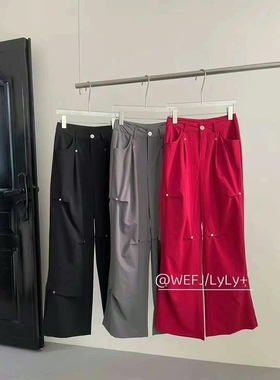 欧洲站红色工装裤女秋冬薄款宽松美式高腰休闲阔腿速干运动裤子潮