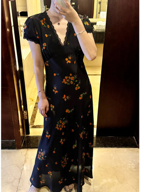 欧洲站26夏季新款V领天丝蕾丝拼接橘碎花连衣裙女
