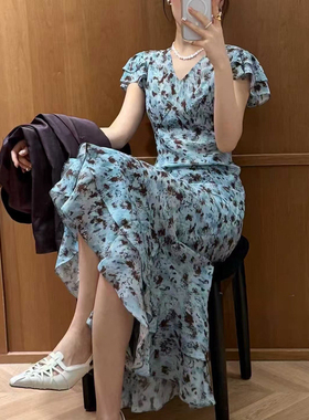 高端天丝连衣裙女2026夏季新款气质印花显瘦A字流行长裙子