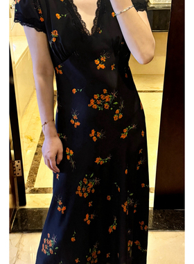 欧洲站欧货女时尚洋气V领蕾丝真丝印花女人味显瘦真丝连衣裙