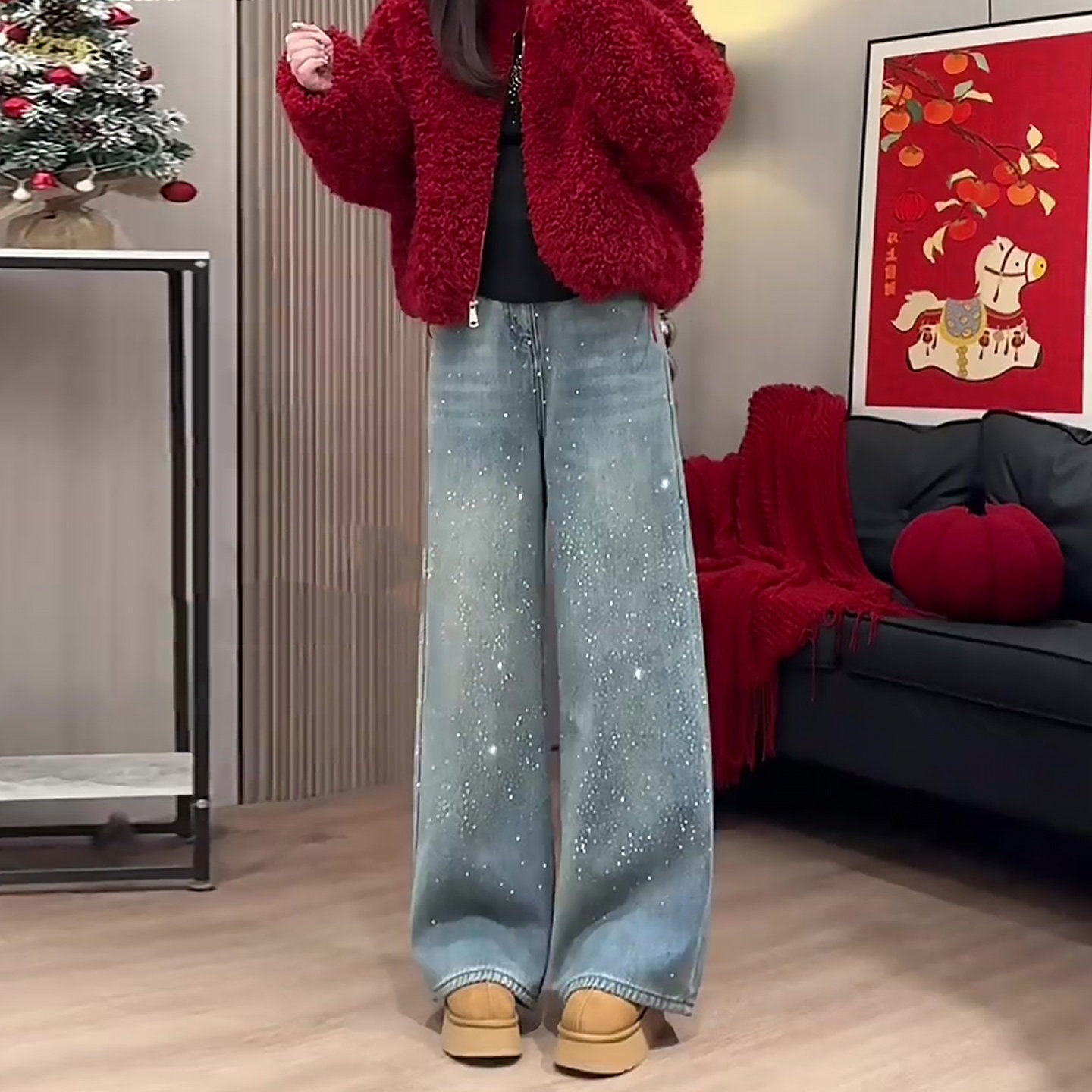 复古蓝色爆闪烫钻阔腿牛仔裤女2026春季新款小个子巨好看直筒裤子,女装/女士精品,大码裤装,淘宝优惠券,粉丝福利购,淘宝优惠卷