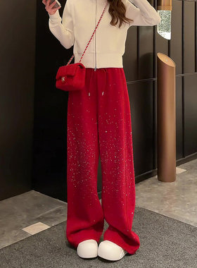 红色重工烫钻阔腿卫裤女2026冬季新款加绒加厚小个子显瘦运动裤子
